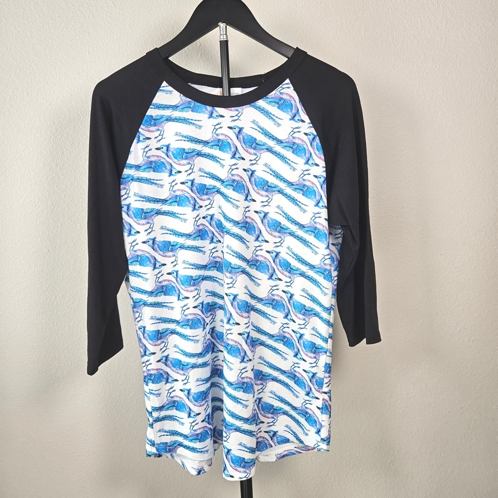 LuLaRoe Randy Baseball Tee Women M Blue Black Bird Print Raglan Sporty Whimsical